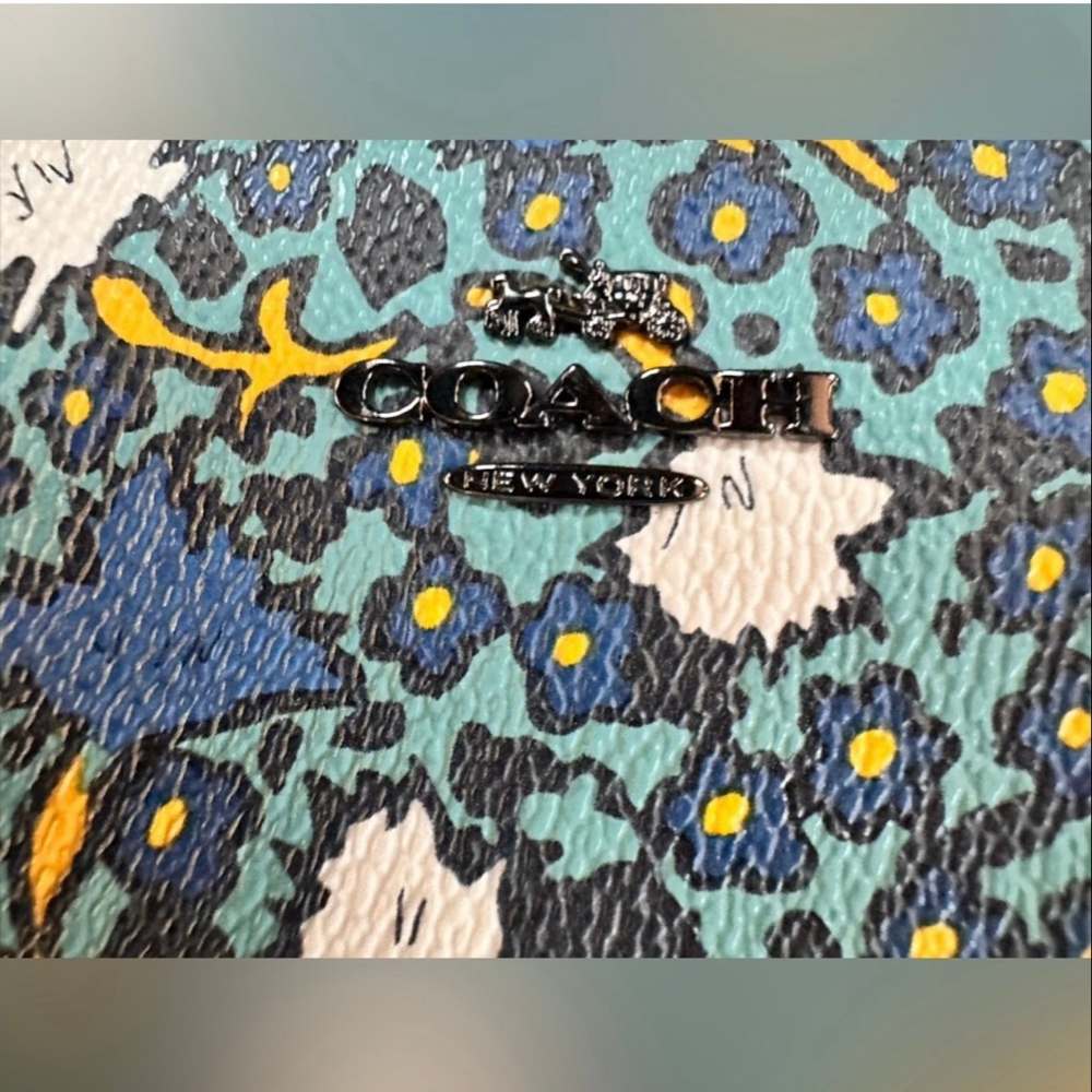Coach Yankee Floral Print Zippy Wallet – Teal Blue Leather with Black Hardware - Picture 2 of 8